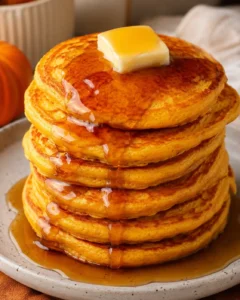 Tall stack of pumpkin cottage cheese pancakes topped with butter and maple syrup