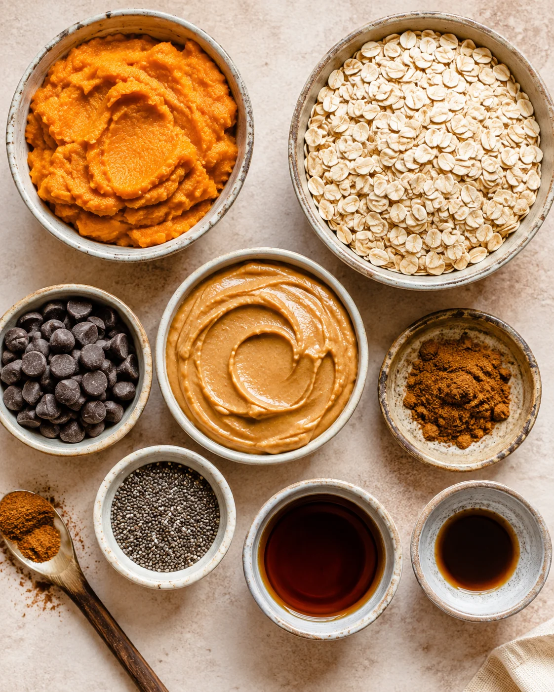 Top-down bowls of pumpkin puree, oats, peanut butter, chocolate chips, chia seeds and spices