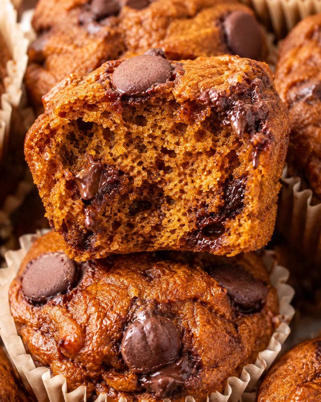 Interior crumb detail of a pumpkin cottage cheese muffin with melted chocolate
