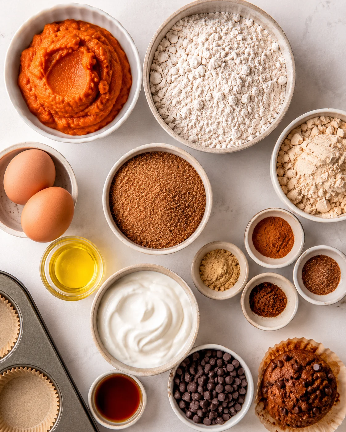 Top-down arrangement of ingredients for pumpkin protein muffins including pumpkin puree, flour, protein powder, eggs, oil, yogurt and chocolate chips
