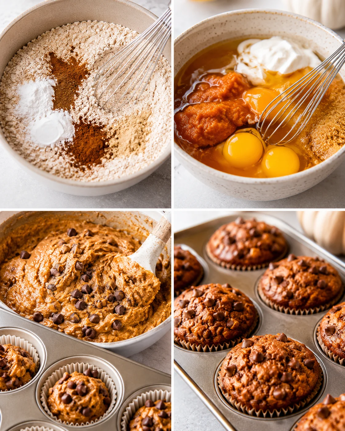 Collage of mixing and baking steps for pumpkin protein muffins showing dry whisking, wet ingredients, batter with chips, and muffins in a tin