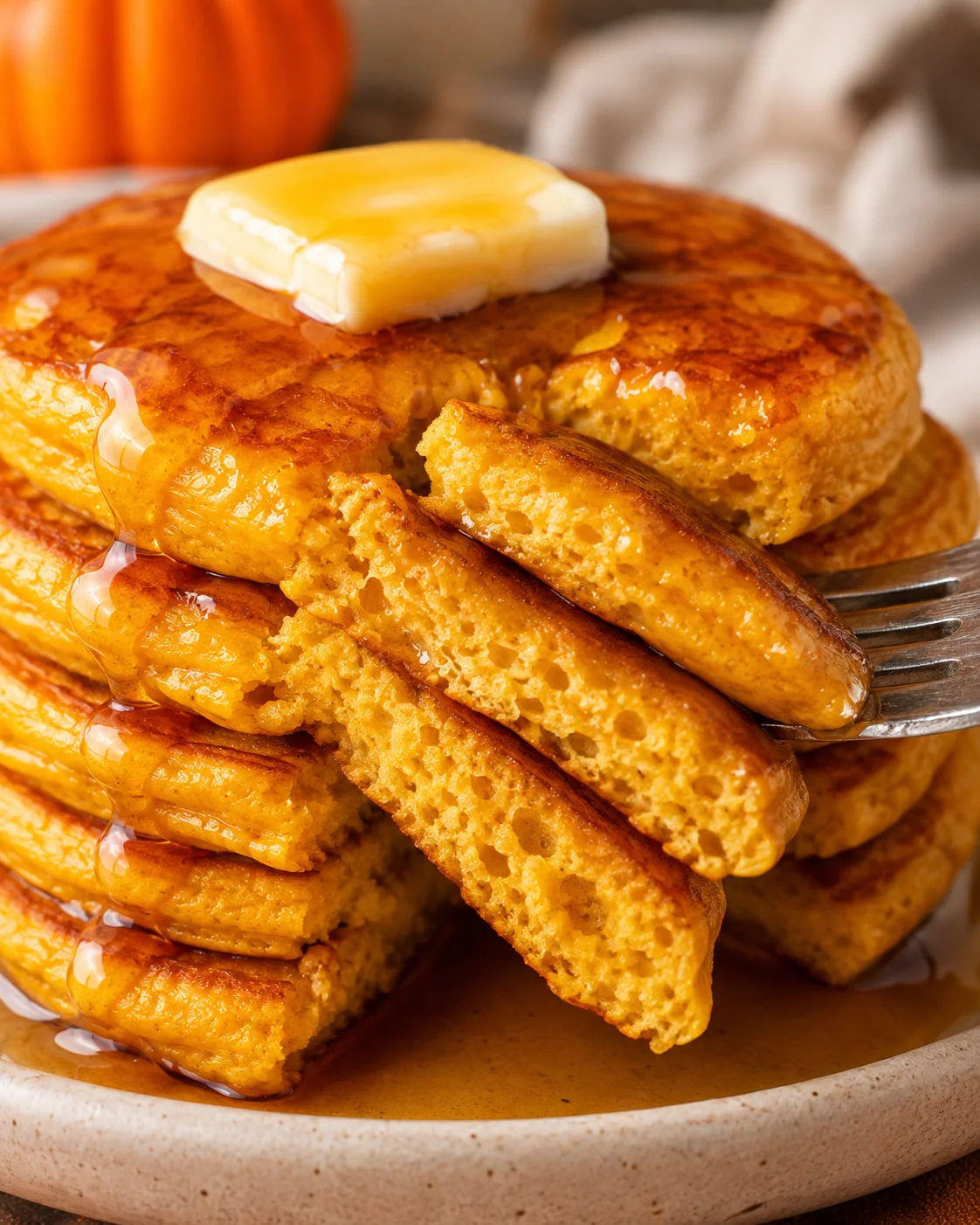 Fork showing the airy interior crumb of pumpkin cottage cheese pancakes