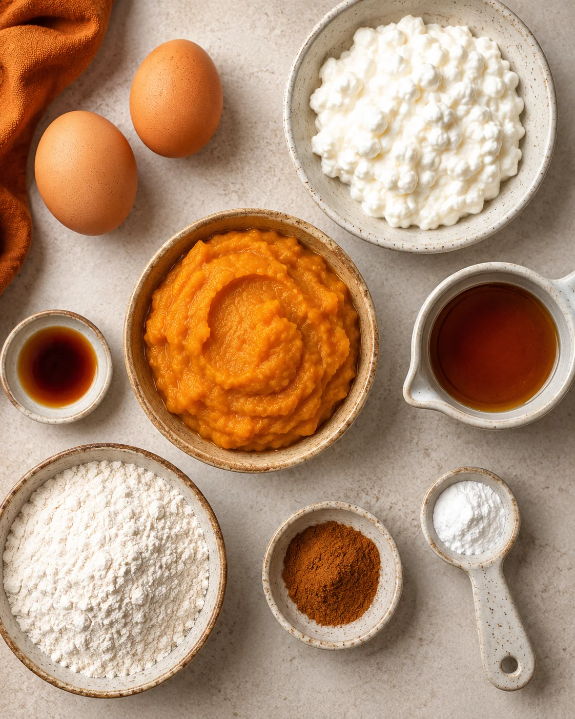Top-down view of ingredients for pumpkin cottage cheese pancakes including pumpkin puree, cottage cheese, eggs, flour and spices
