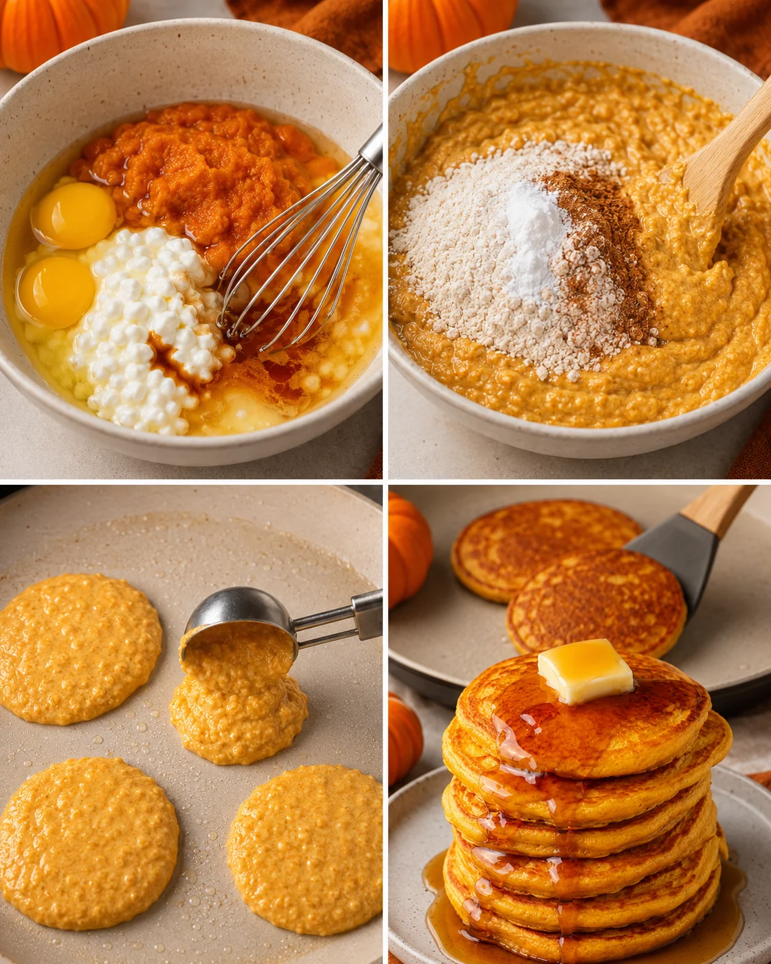 Four-step collage showing mixing, folding in flour, scooping batter into a skillet, and cooked pumpkin cottage cheese pancakes