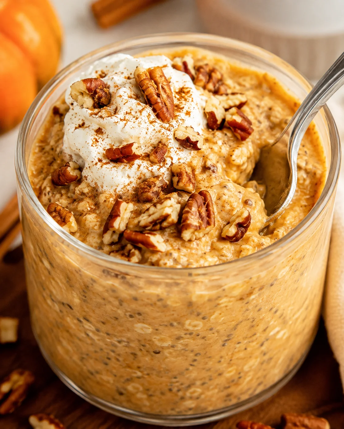 Glass jar of pumpkin pie overnight oats with whipped cream and pecans