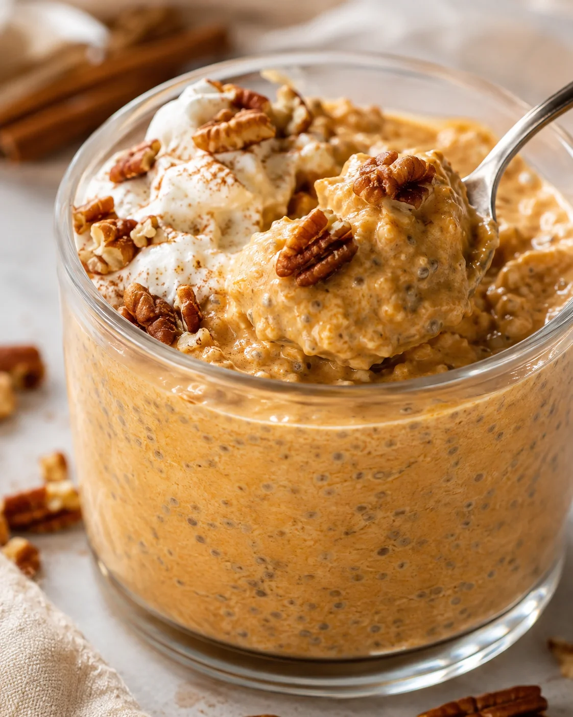 Side view of pumpkin overnight oats with a spoon lifting a creamy spoonful topped with pecans