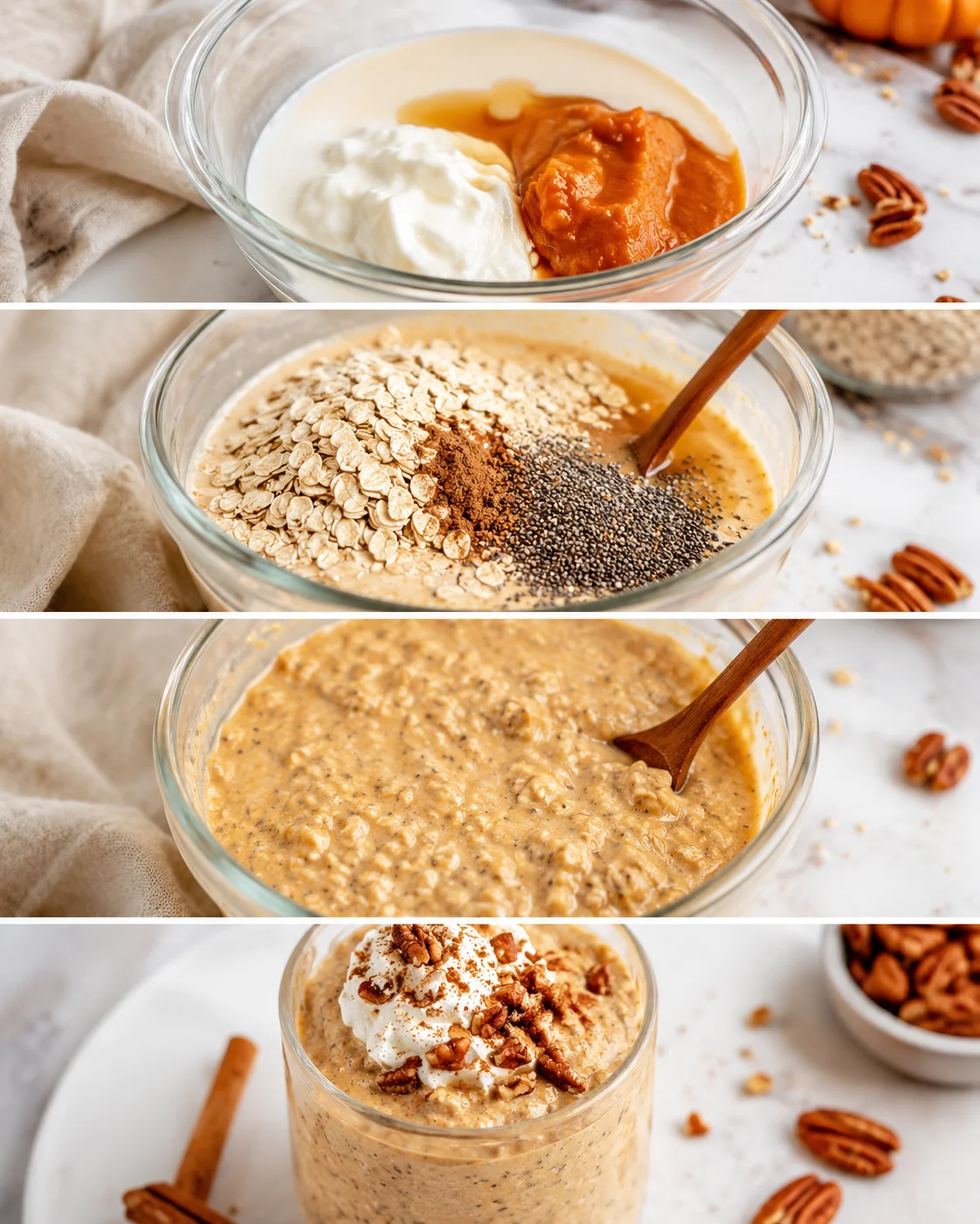 Four-frame collage showing mixing the wet ingredients, adding oats and chia, stirring, and the oats in a jar topped with pecans