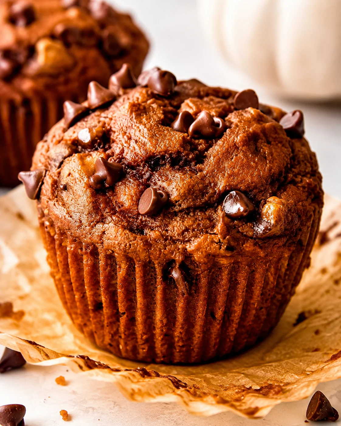 Close-up pumpkin protein muffin topped with chocolate chips on parchment