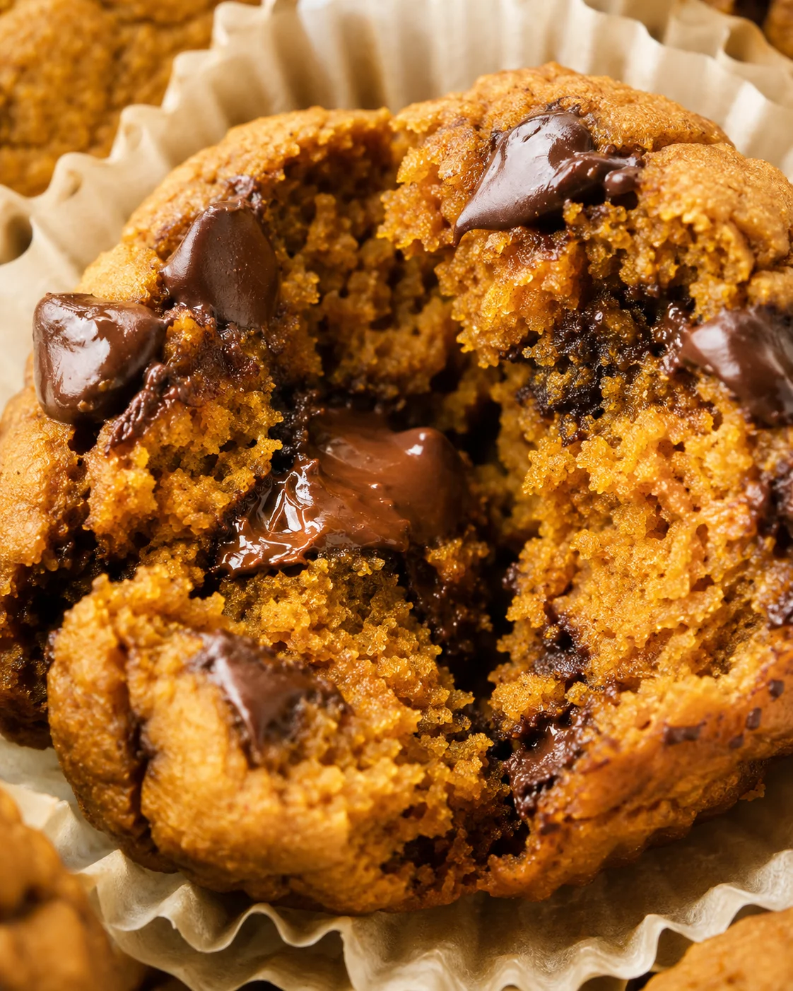 Close-up interior shot of a pumpkin chocolate chip protein muffin with melted chocolate in the center