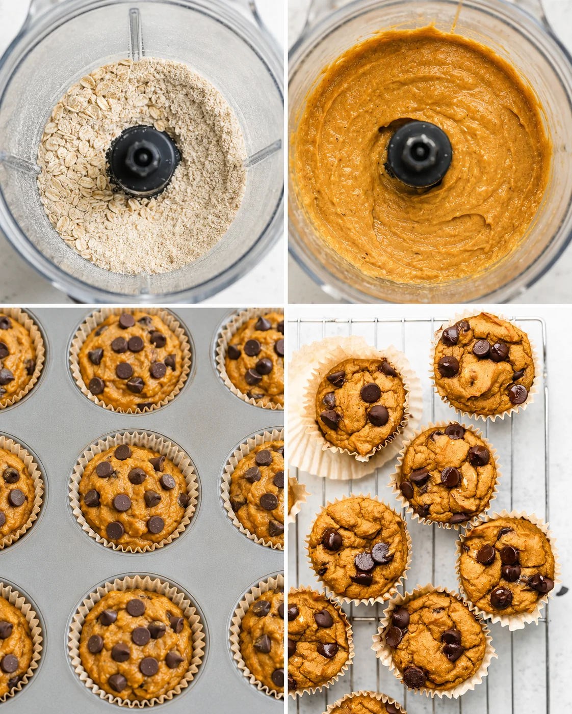 Four-panel collage showing oats in a blender, pumpkin batter, muffins in a tin, and baked muffins on a cooling rack