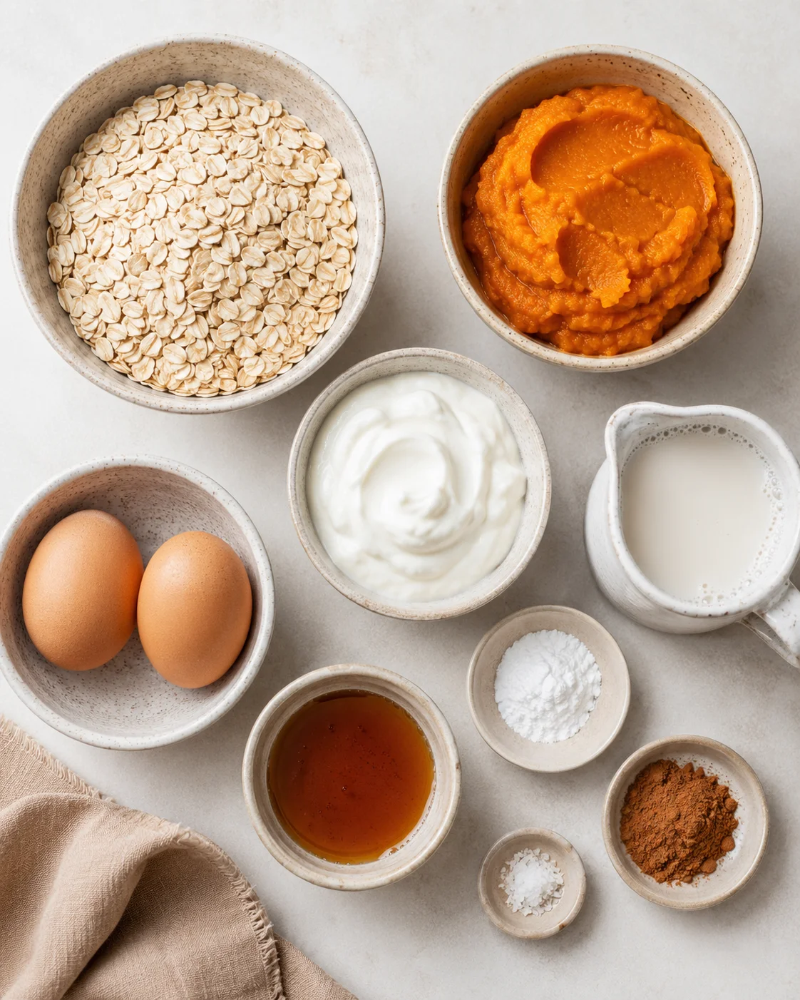 Top-down arrangement of ingredients for pumpkin protein pancakes including oats, pumpkin purée, eggs, yogurt, milk, and spices