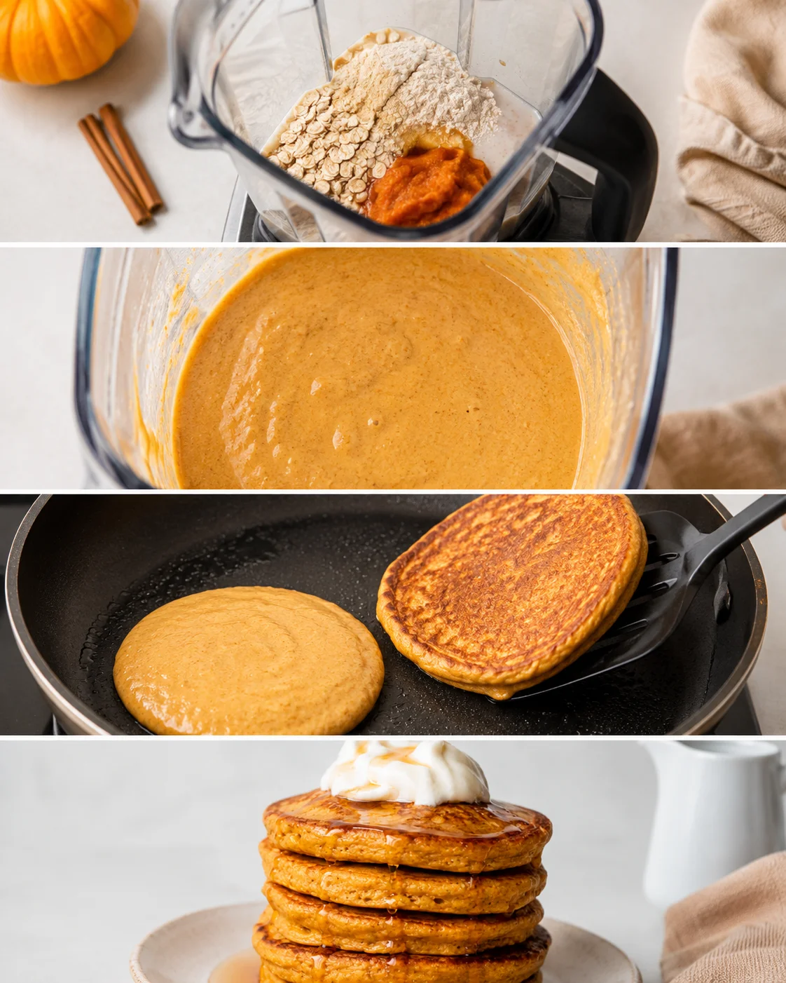Four-panel process grid showing blender ingredients, blended batter, pancakes cooking in a skillet, and the finished stack