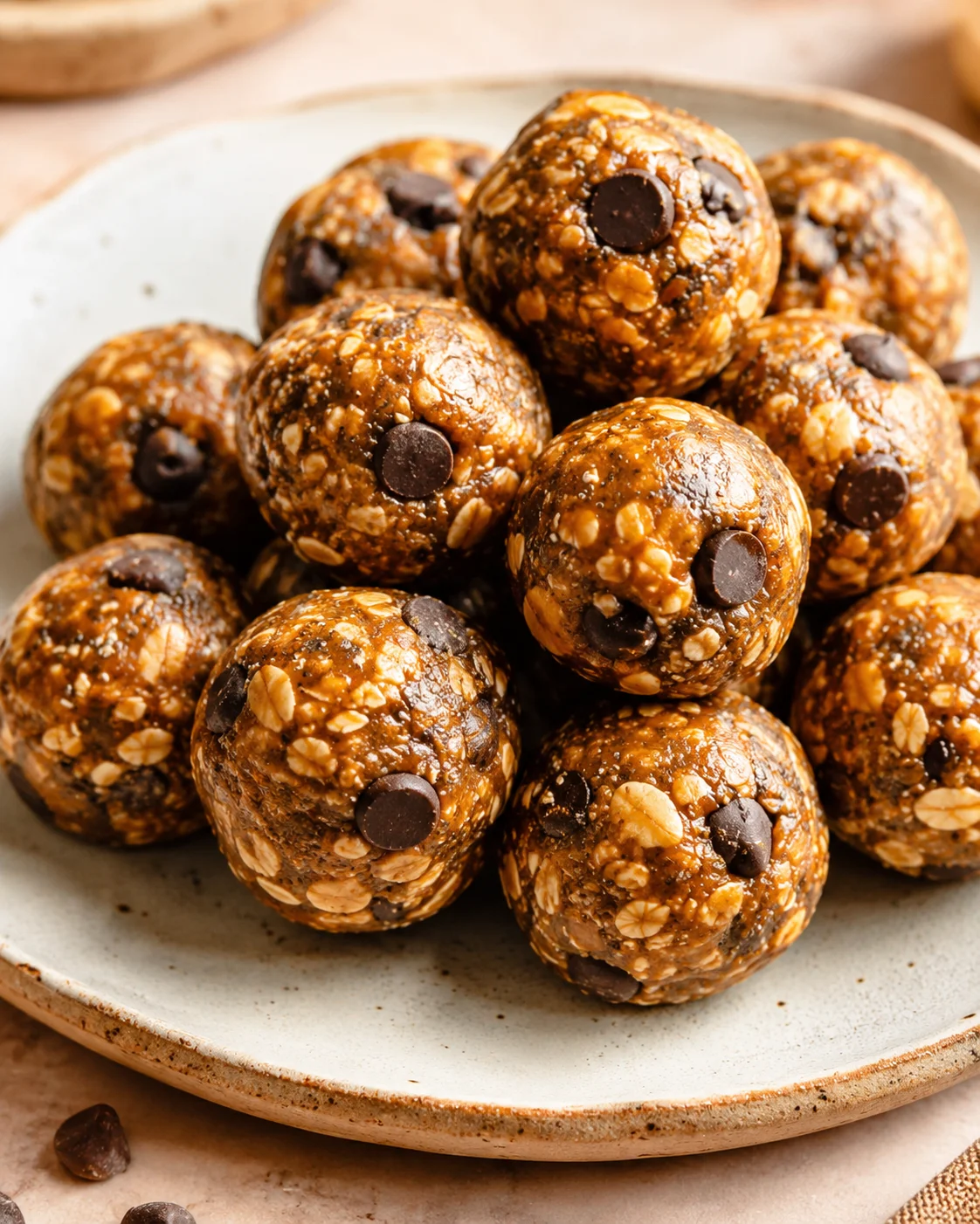 Close-up of several No Bake Pumpkin Spice Energy Bites showing oats and chocolate chips