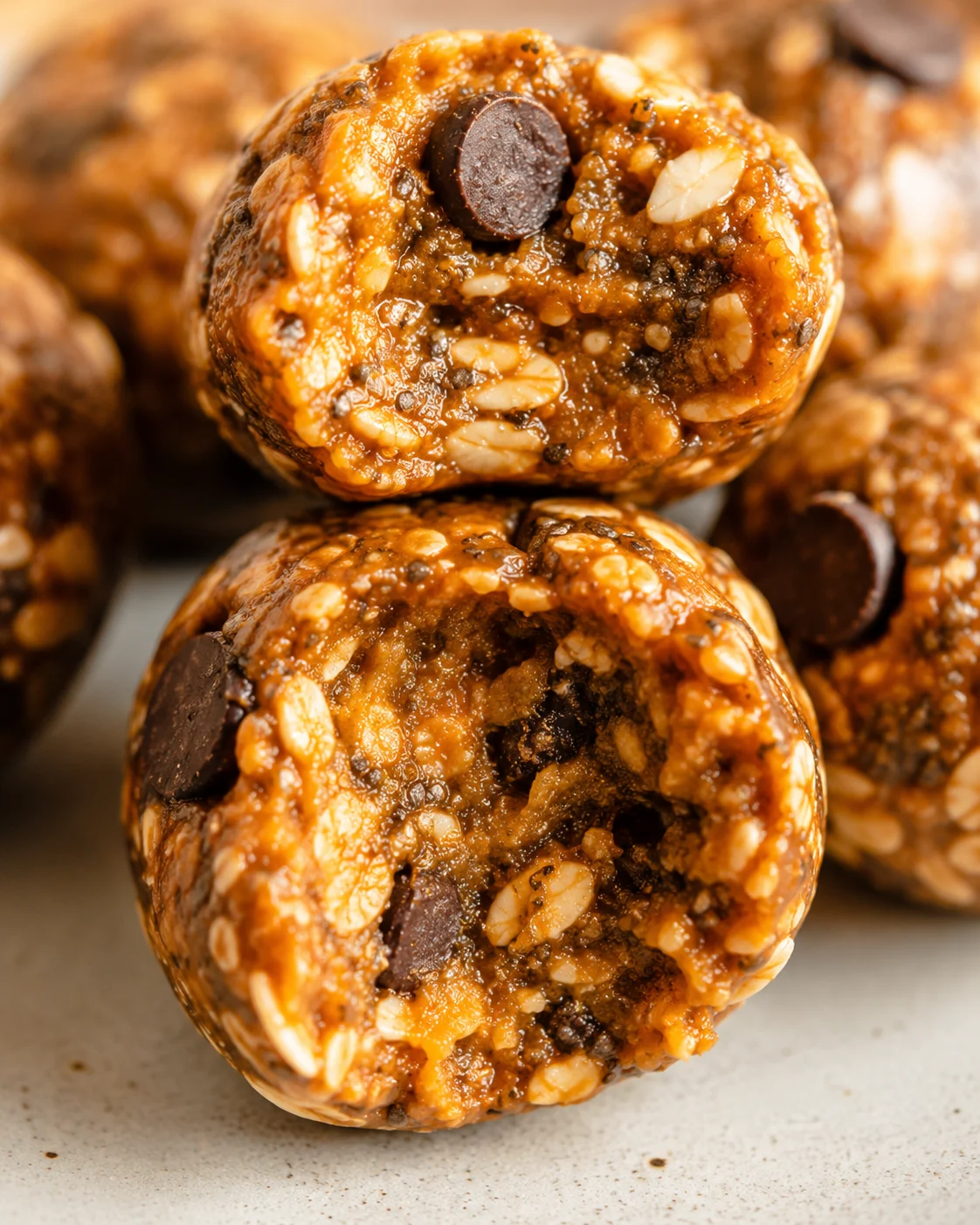 Interior cross-section of a No Bake Pumpkin Spice Energy Bite showing oats, chia seeds and chocolate chip