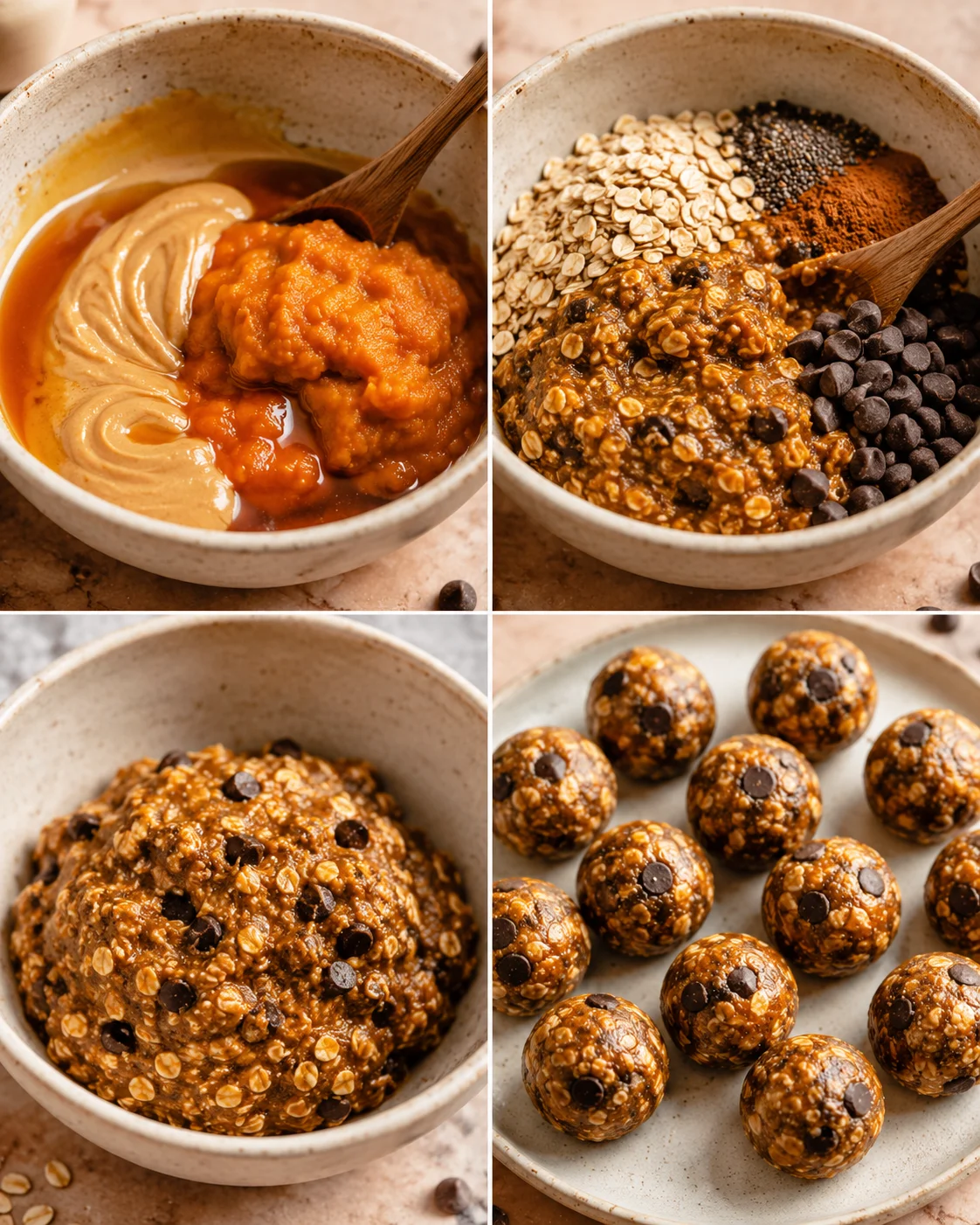 Four-step collage showing mixing wet ingredients, adding oats and chips, dough in bowl, and rolled energy bites
