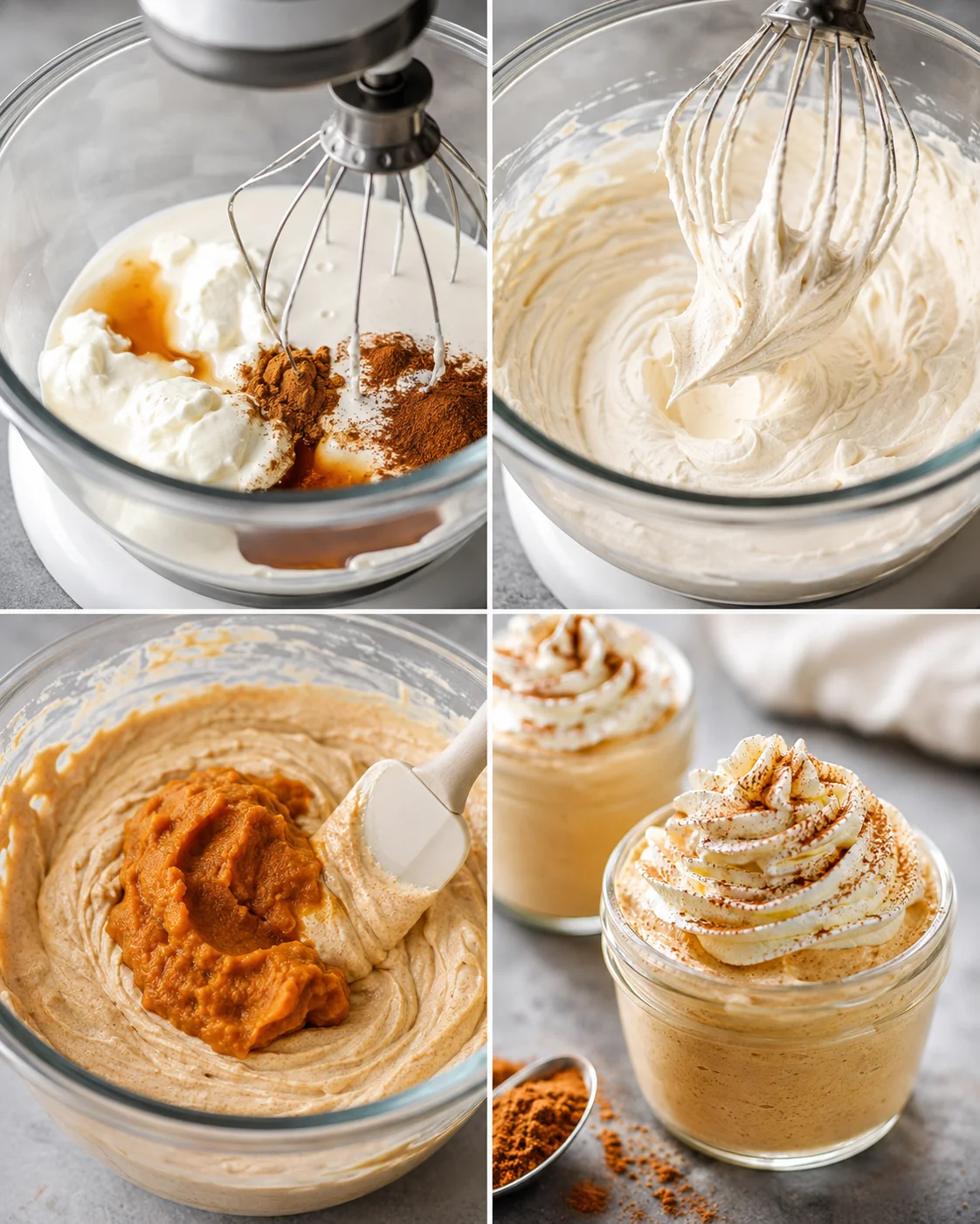 Four-panel step collage showing mixing, whipped peaks, folding in pumpkin, and finished jars