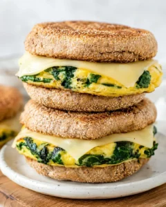 Stacked spinach and egg meal prep breakfast sandwiches on whole wheat English muffins