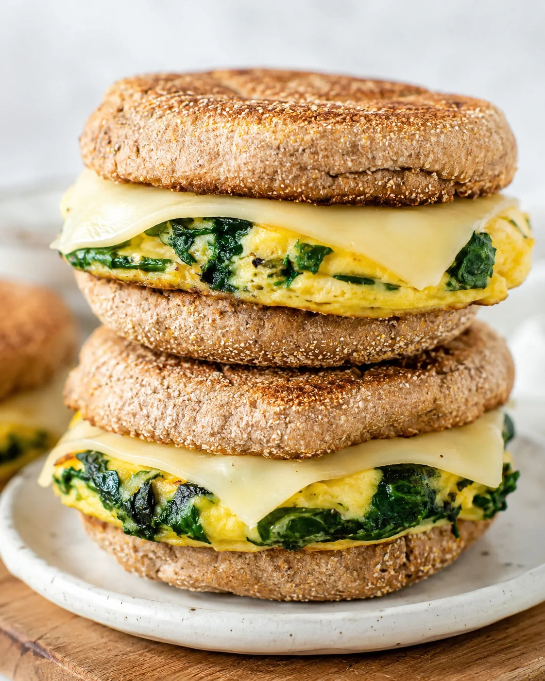 Stacked spinach and egg meal prep breakfast sandwiches on whole wheat English muffins