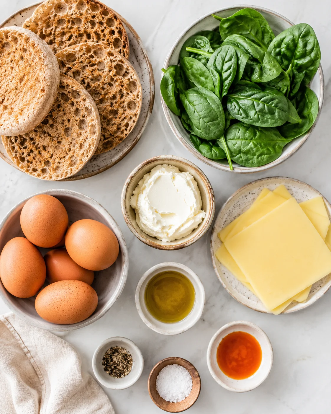Top-down view of ingredients: English muffins, spinach, eggs, cream cheese, sliced cheese and seasonings
