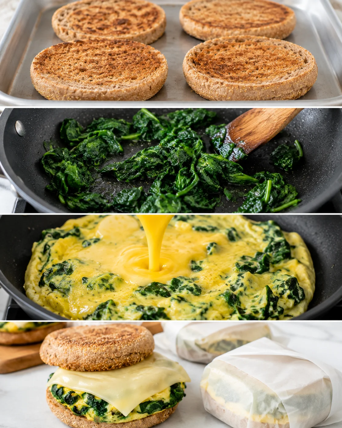 Four-panel step photo showing toasting muffins, cooking spinach, pouring eggs and wrapped finished sandwiches