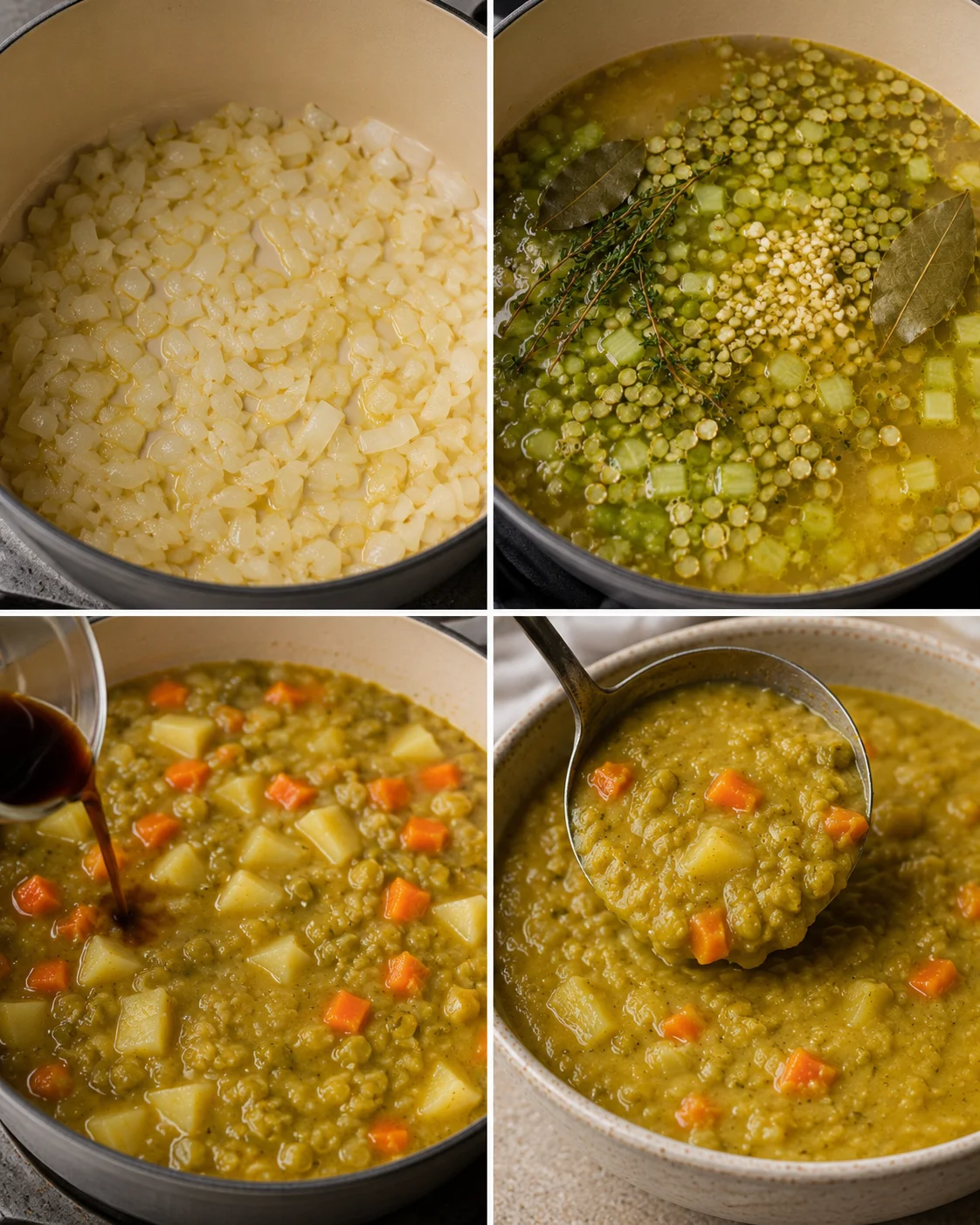 Four-photo collage showing sautéed onions, split peas and herbs simmering in broth, adding liquid smoke, and ladling finished split pea soup