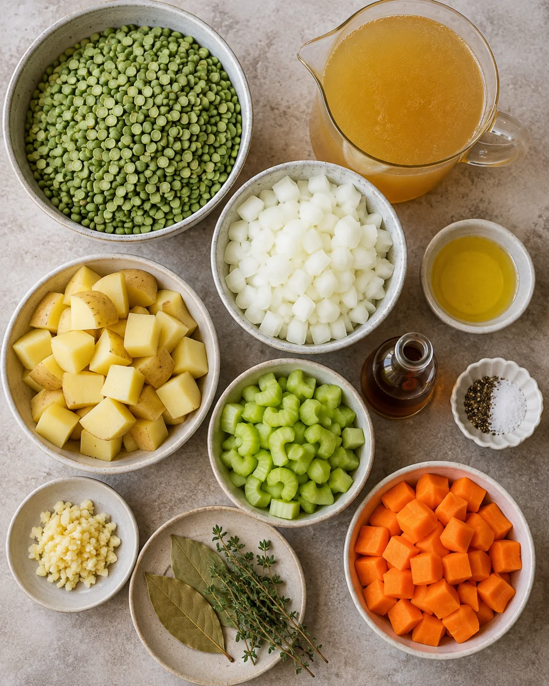 Top-down arrangement of ingredients for classic split pea soup: split peas, diced potatoes, onion, celery, carrots, broth, oil and herbs
