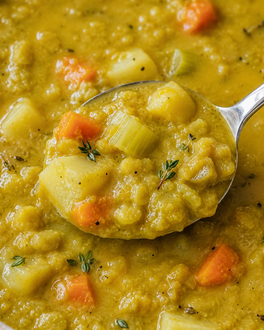Spoonful close-up showing interior detail of split pea soup with potato, celery and fresh thyme