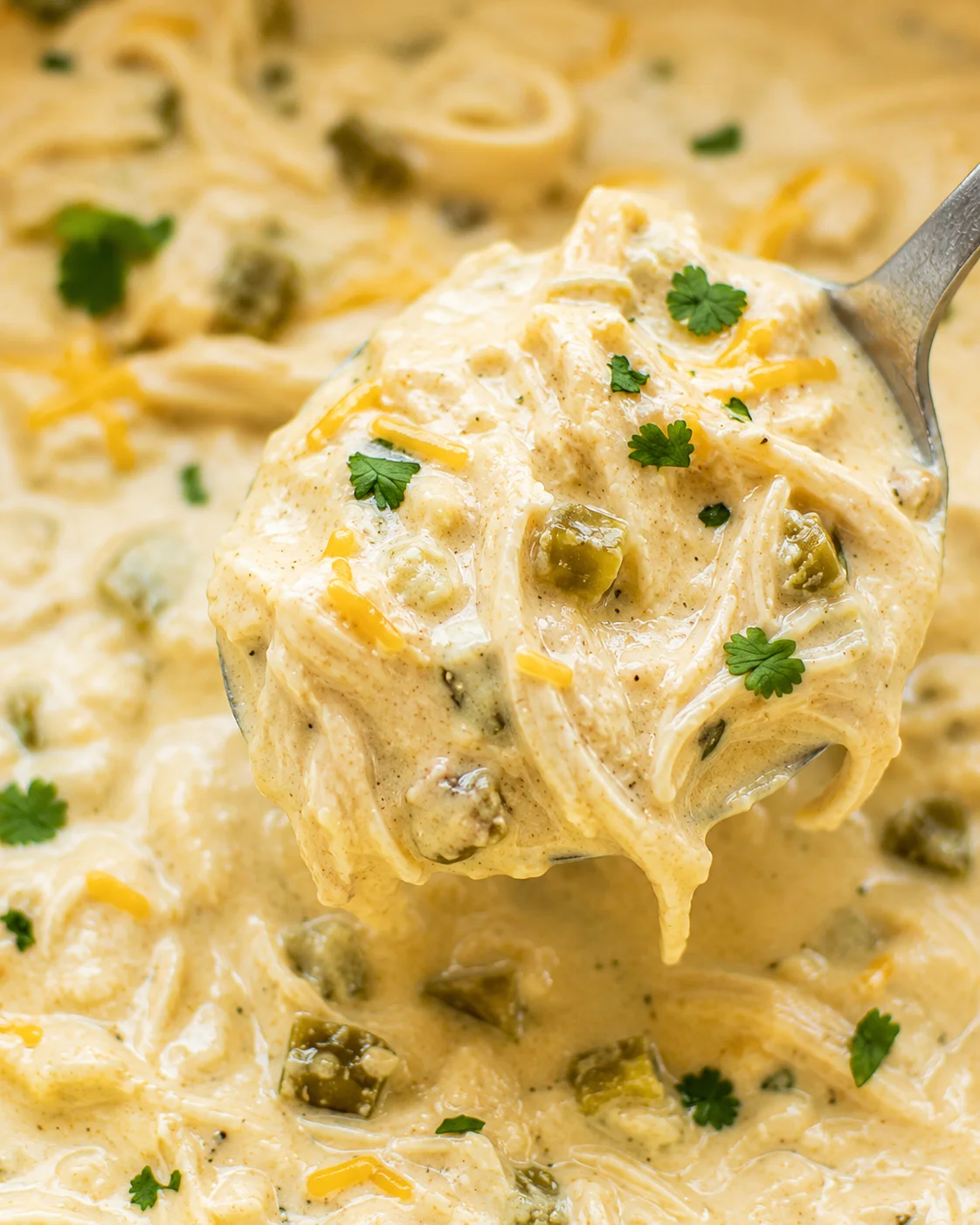 Ladle lifting a spoonful of creamy keto white chicken chili showing shredded chicken and green chiles