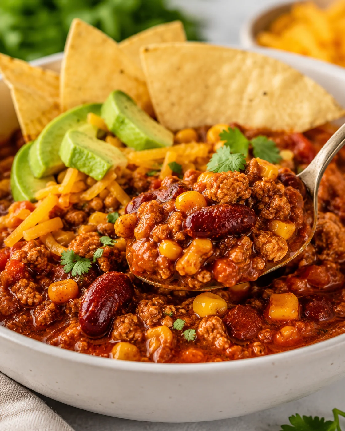 Spoon lifting a portion of healthy turkey chili from a bowl with avocado and tortilla chips in the background