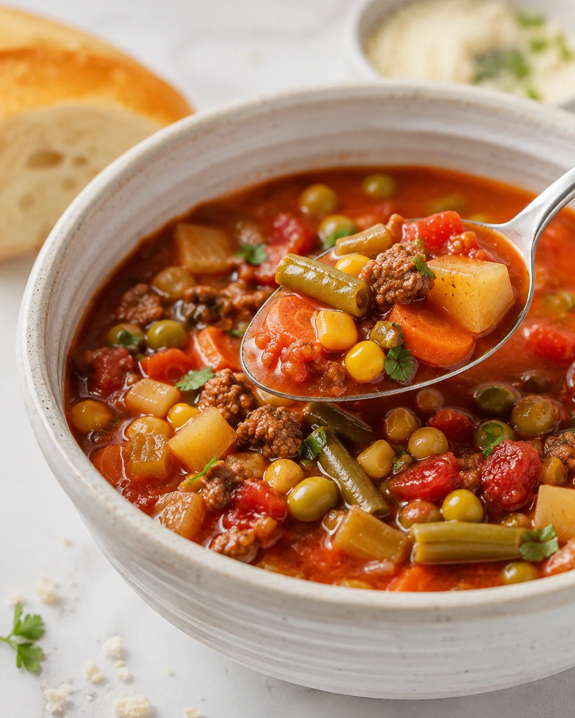 Spoon lifting a bite of hearty vegetable soup with carrots, green beans, potato and ground beef