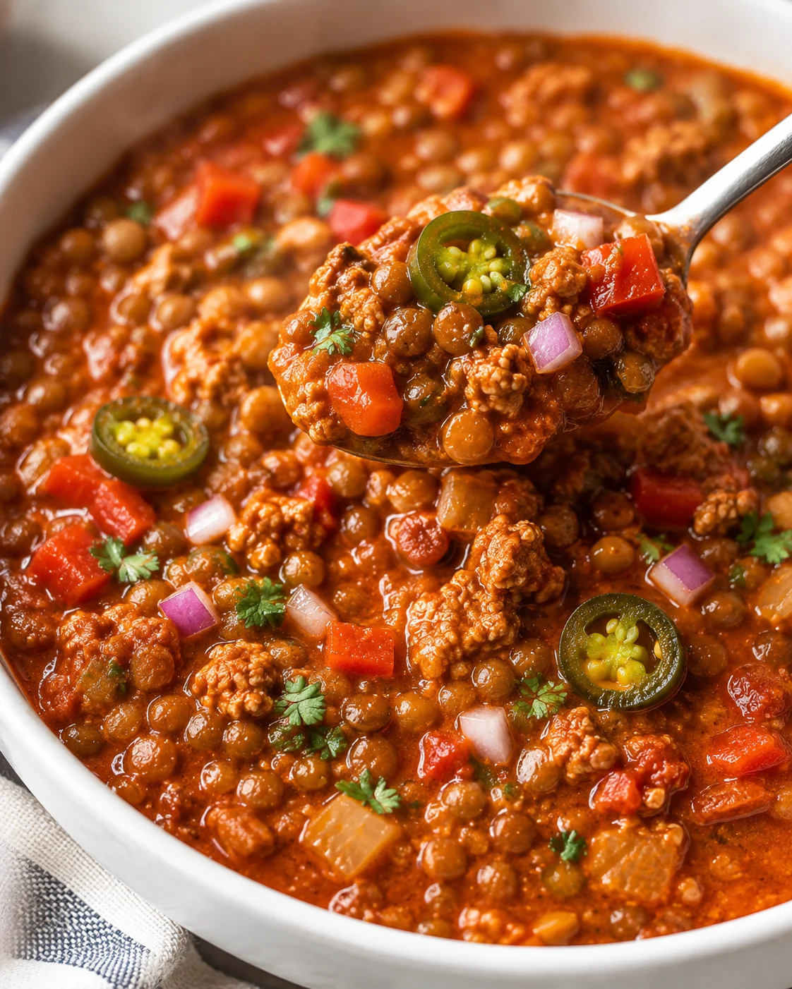 Spoon lifting a spoonful of turkey lentil chili above a bowl