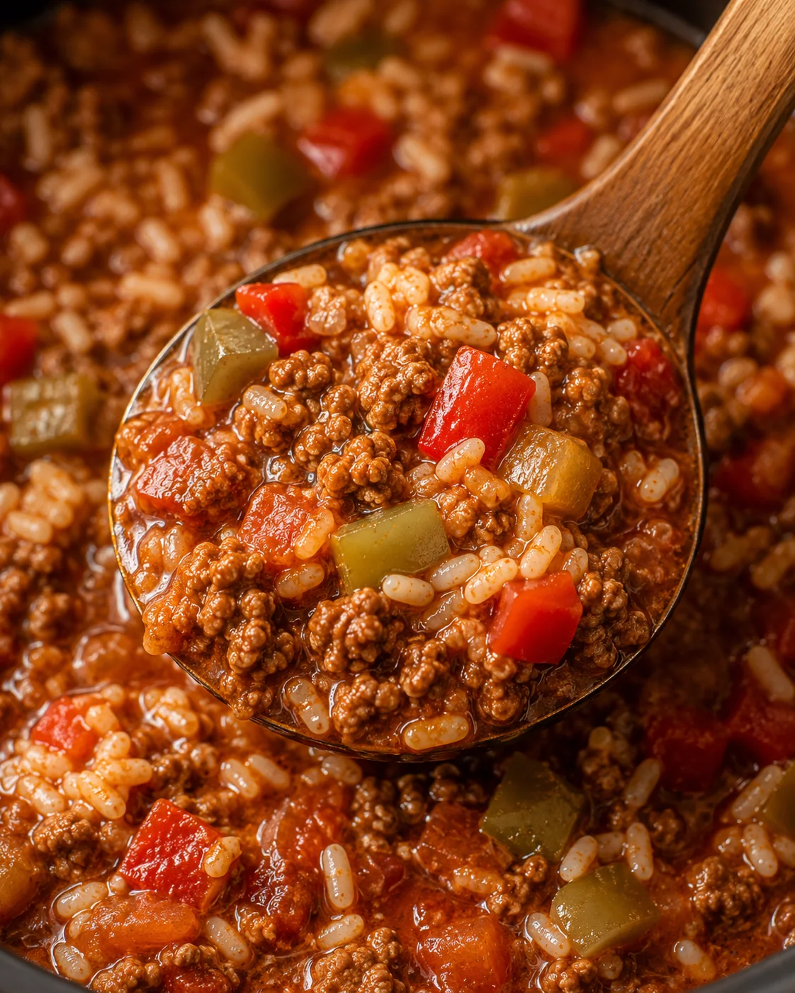 Close-up ladle showing texture of crockpot stuffed pepper soup with rice, beef, and peppers