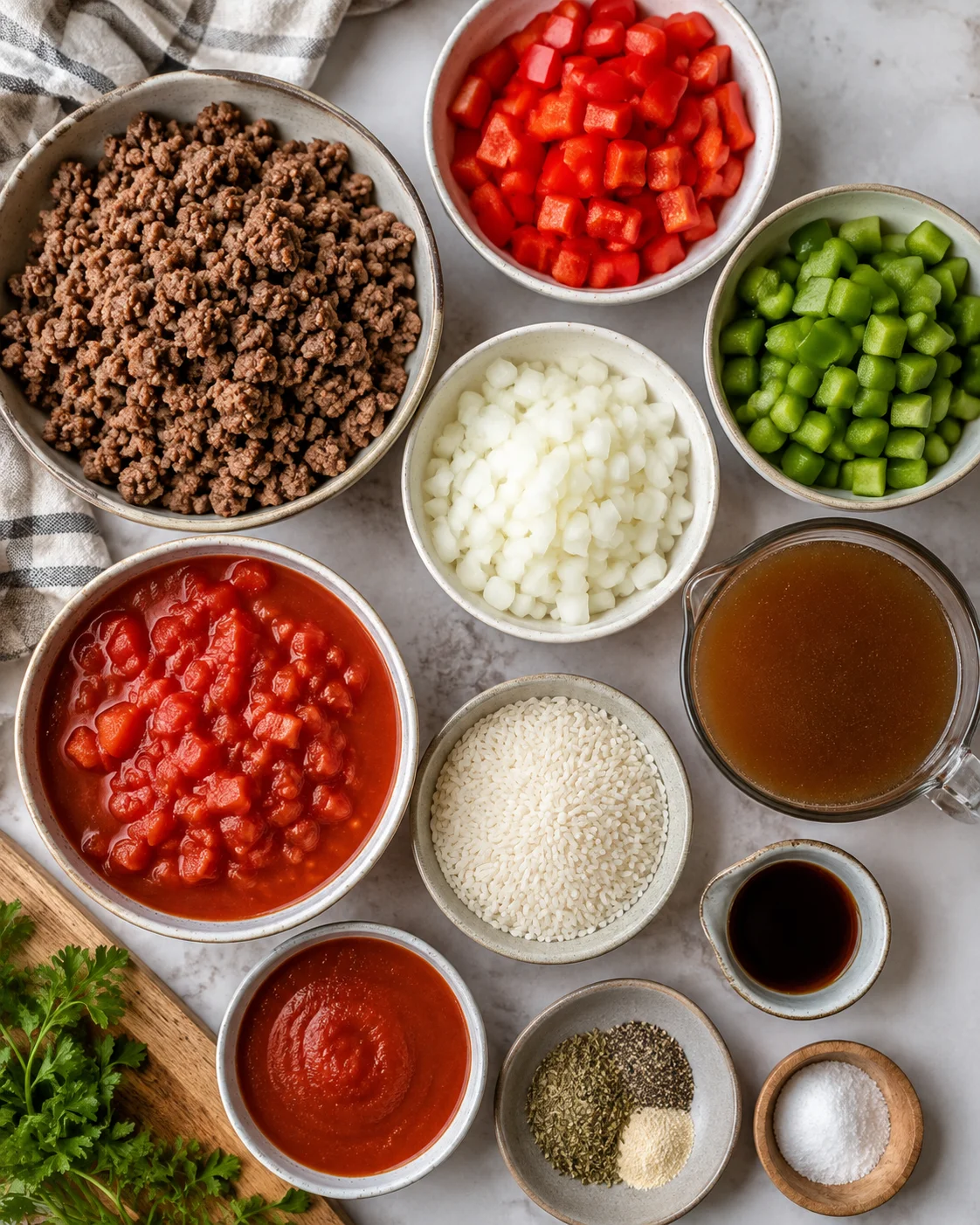 Top-down view of measured ingredients for crockpot stuffed pepper soup arranged in bowls