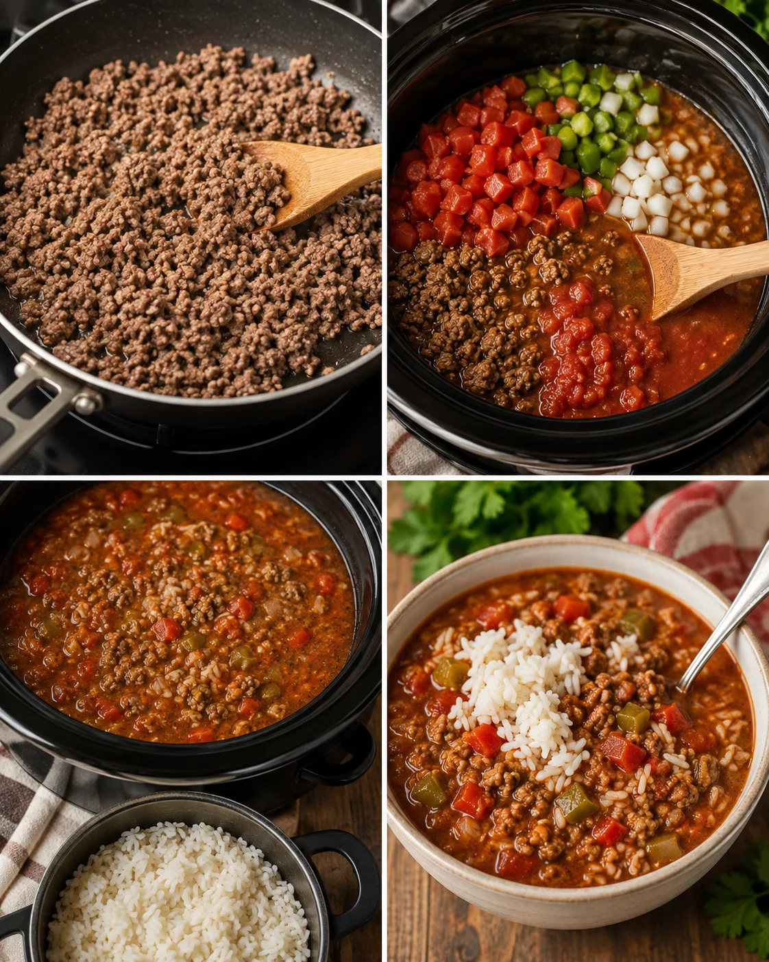 Four-photo grid showing browning beef, adding ingredients to crockpot, finished soup in slow cooker, and served bowl with rice