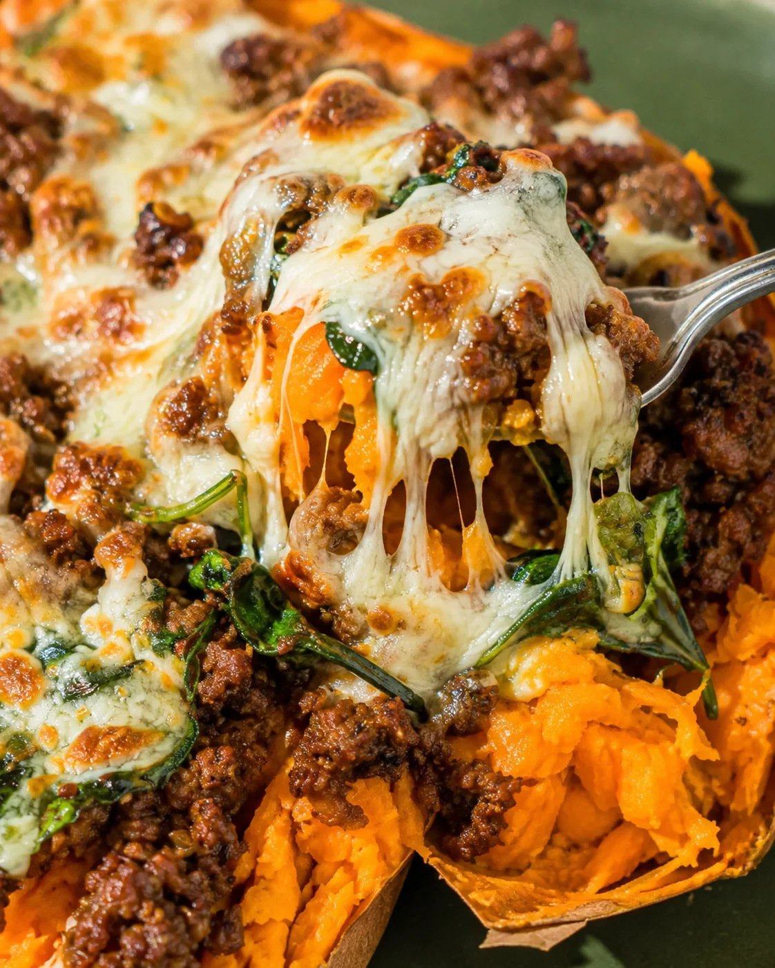 Fork lifting a cheesy bite from a stuffed sweet potato with melted mozzarella and seasoned beef
