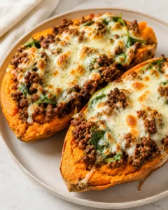 Two stuffed sweet potatoes topped with seasoned ground beef, spinach, and melted mozzarella