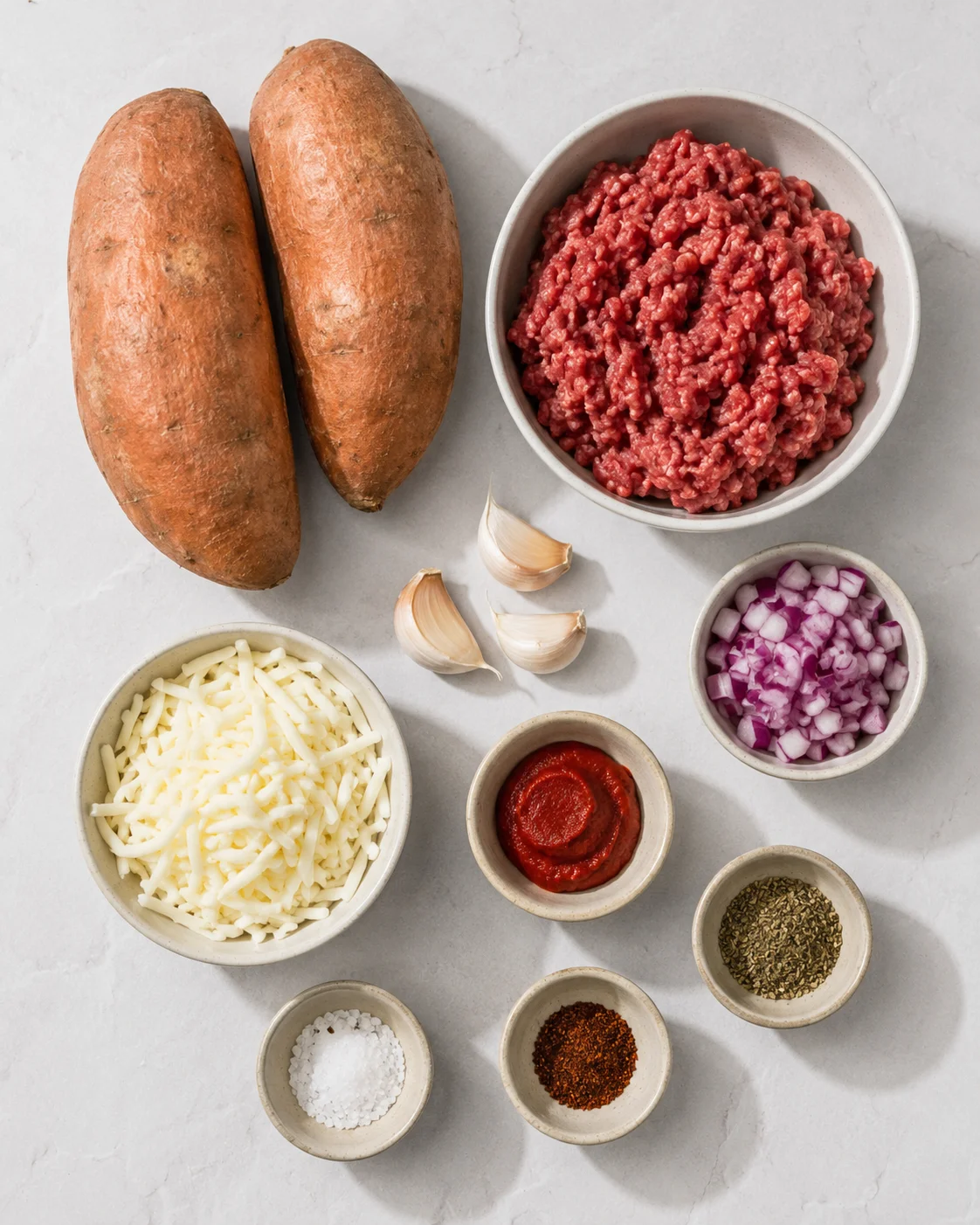 Top-down arrangement of two sweet potatoes, ground beef, garlic, diced red onion, mozzarella, tomato paste and spices