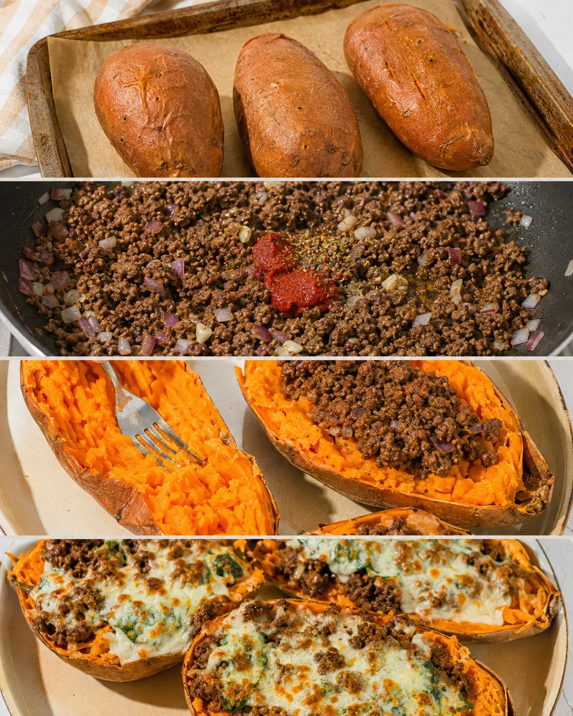 Collage showing roasted whole sweet potatoes, cooked ground beef with tomato paste, scooping sweet potato flesh, and finished stuffed potatoes