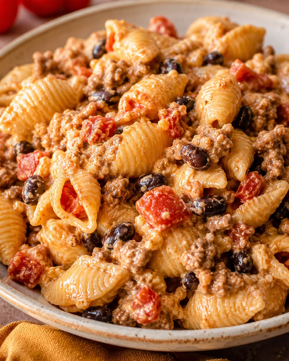 Close-up detail of Healthy Taco Pasta showing pasta ridges, creamy sauce, black beans and tomato pieces
