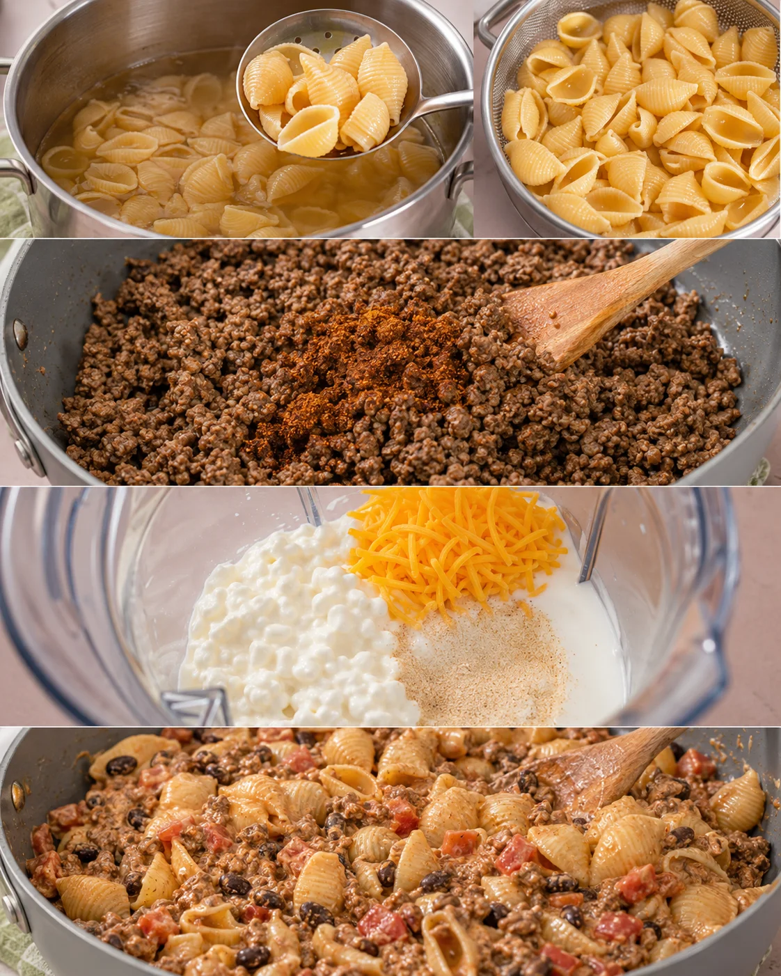Collage showing cooking steps for easy healthy taco pasta: boiling pasta, drained shells, browned beef with seasoning, sauce ingredients in blender and finished