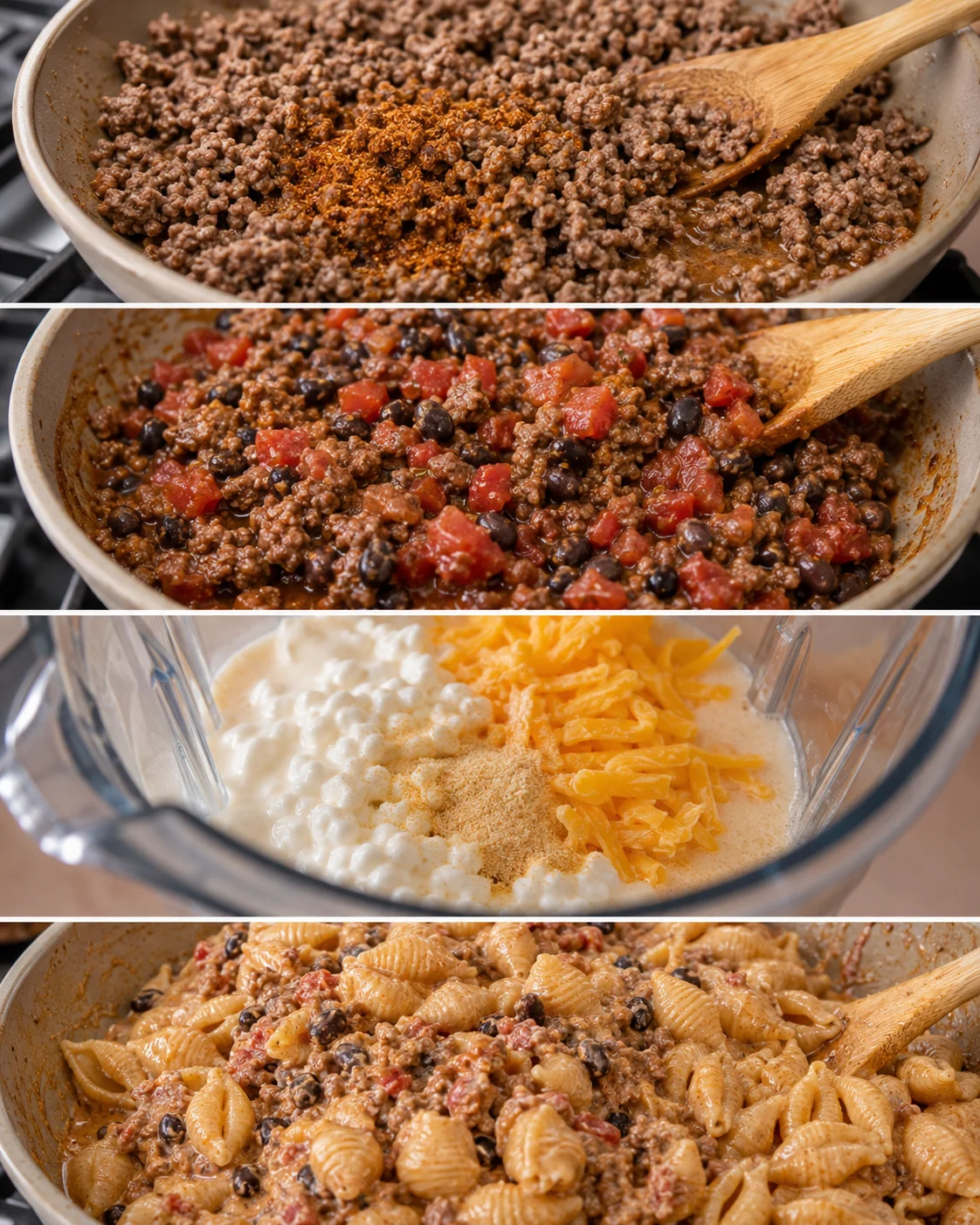 Collage of cooking steps for Healthy Taco Pasta showing browned beef, beef with beans and tomatoes, cottage cheese and cheddar in a blender, and pasta mixed in