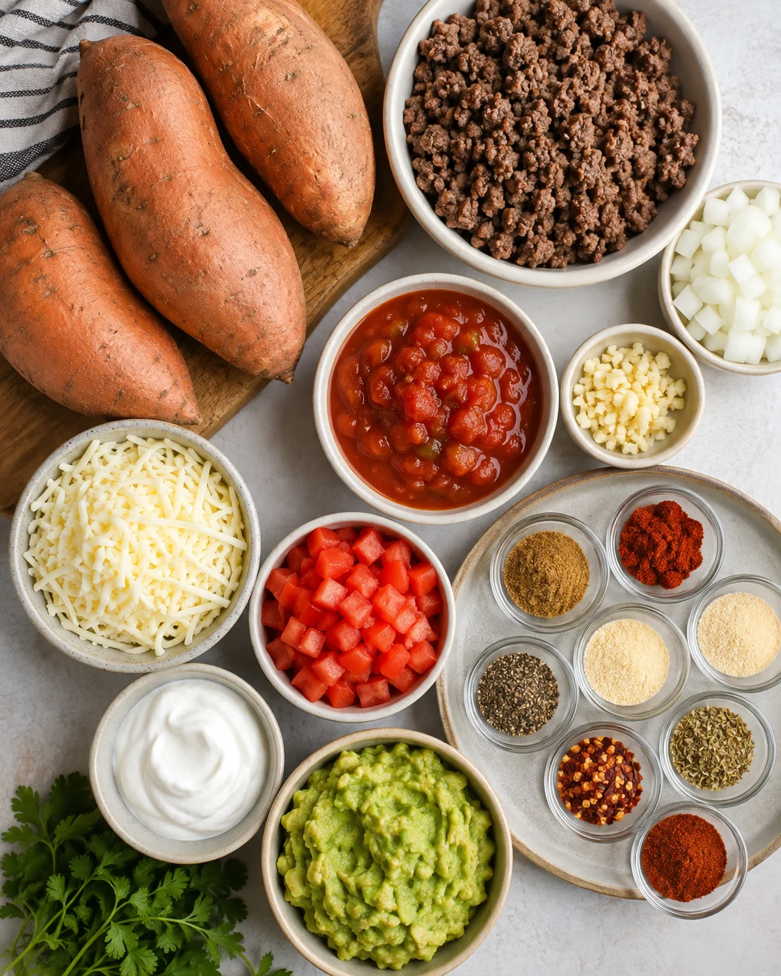 Top-down layout of ingredients for taco stuffed sweet potatoes including sweet potatoes, ground beef, salsa, spices, cheese, tomatoes, guacamole and sour cream