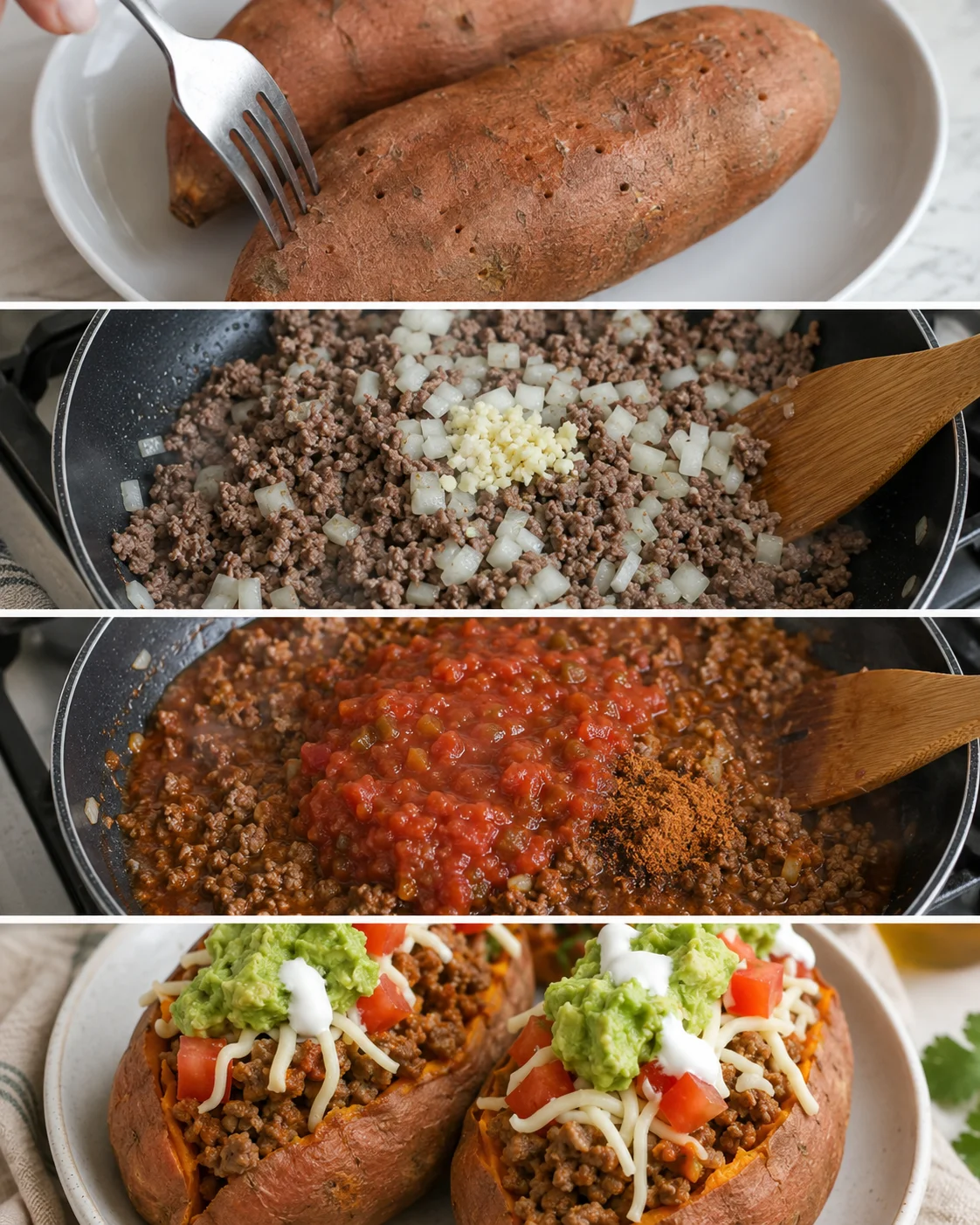 Four-panel process photo showing cooking and assembly steps for taco stuffed sweet potatoes