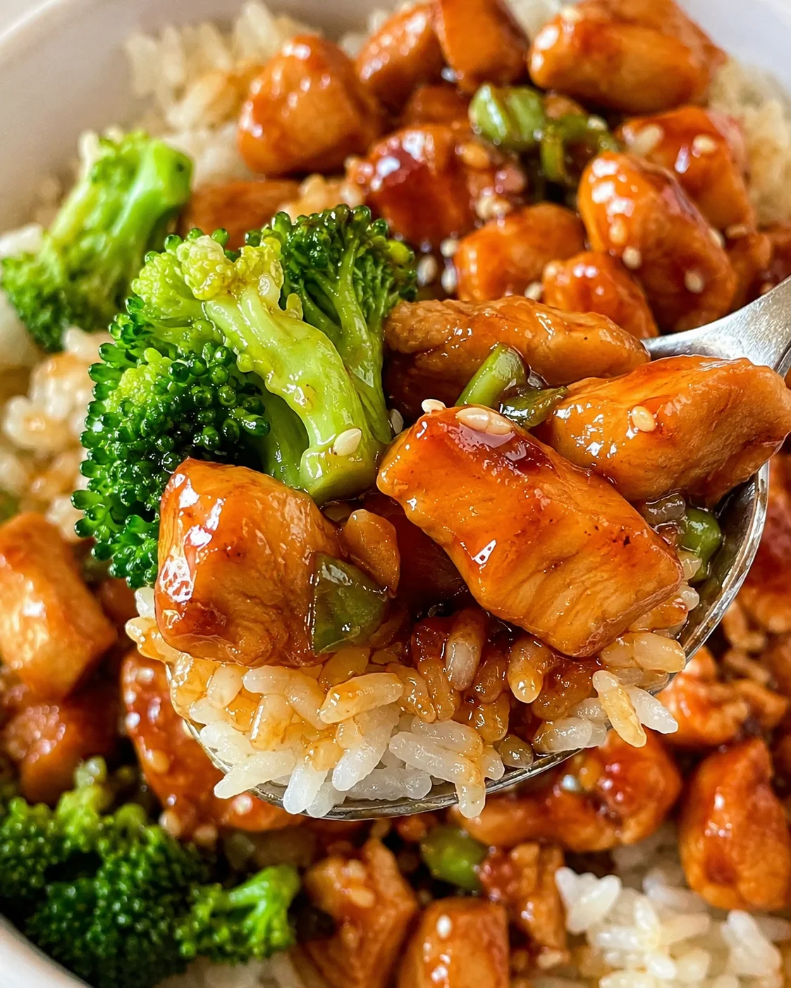 Forkful of teriyaki chicken, rice and broccoli showing interior texture and sauce