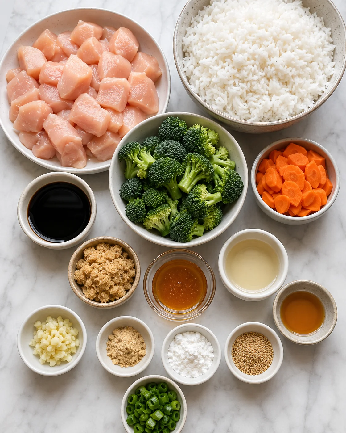 Top-down arrangement of raw chicken, rice, broccoli, carrots and small bowls of sauce ingredients