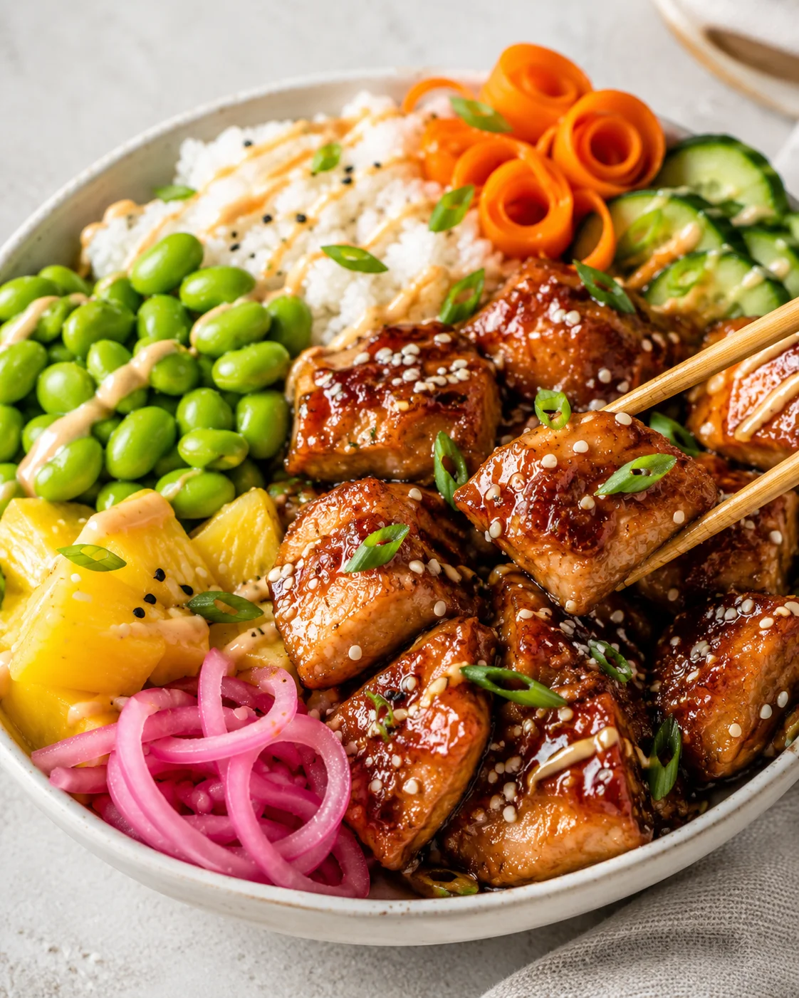 Side view of teriyaki chicken poke bowl with chopsticks lifting a glazed chicken cube
