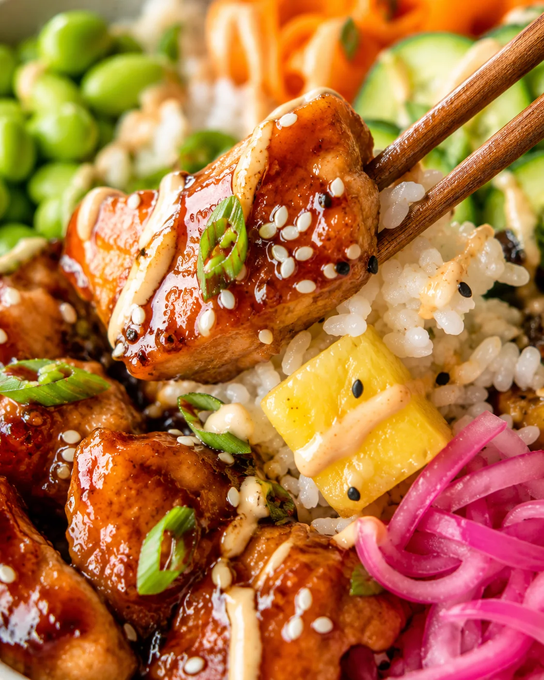 Close-up detail of a teriyaki chicken piece on rice with sesame seeds and pineapple