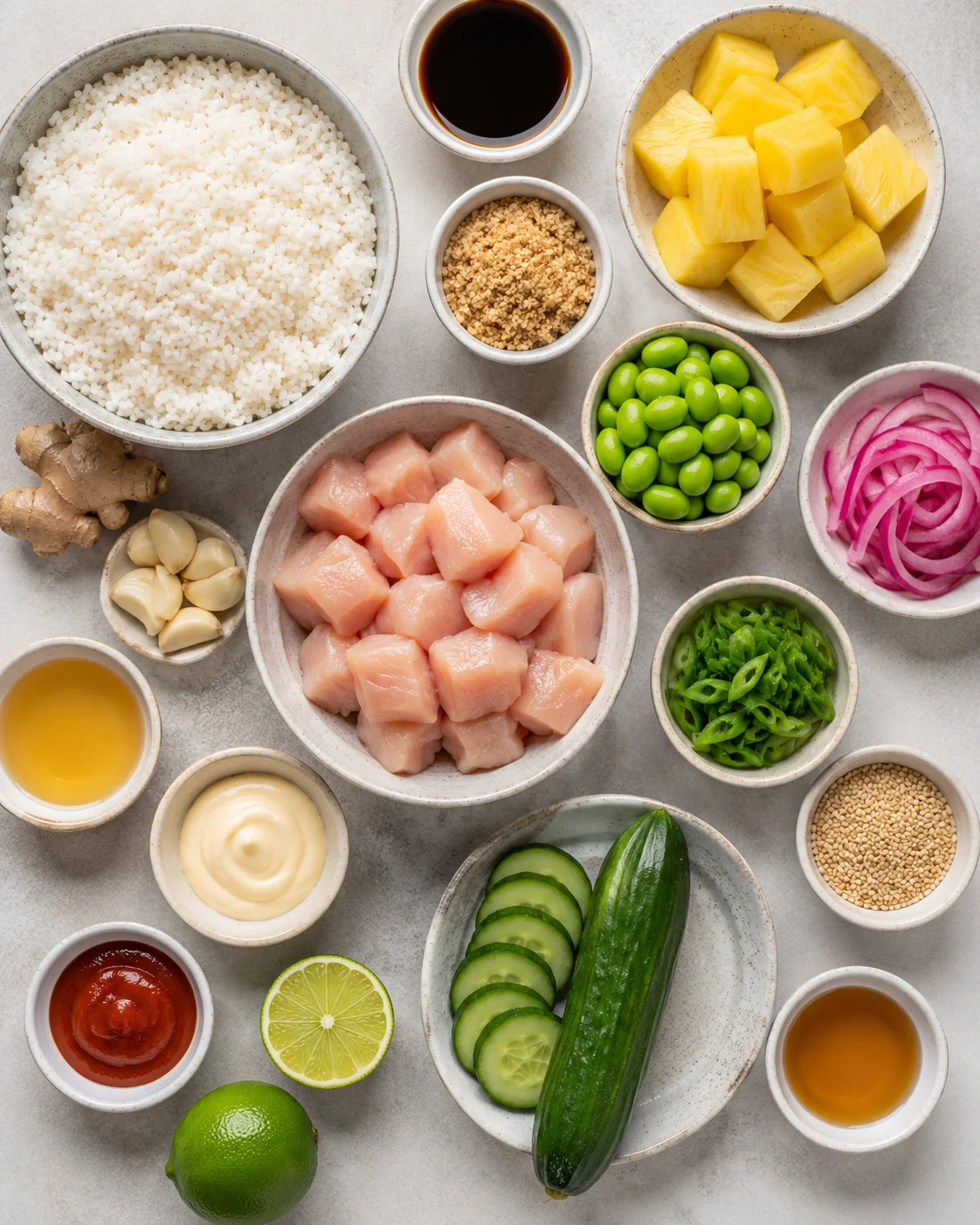 Top-down layout of ingredients for teriyaki chicken poke bowls including rice, cubed chicken, pineapple and vegetables