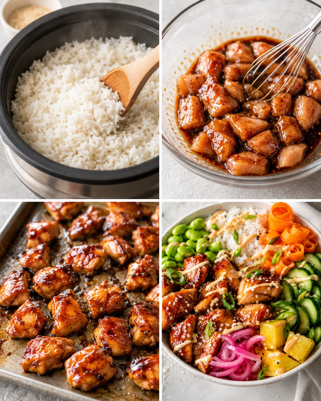 Collage of preparation steps for teriyaki chicken poke bowls showing rice, marinating chicken, baked chicken and finished bowl