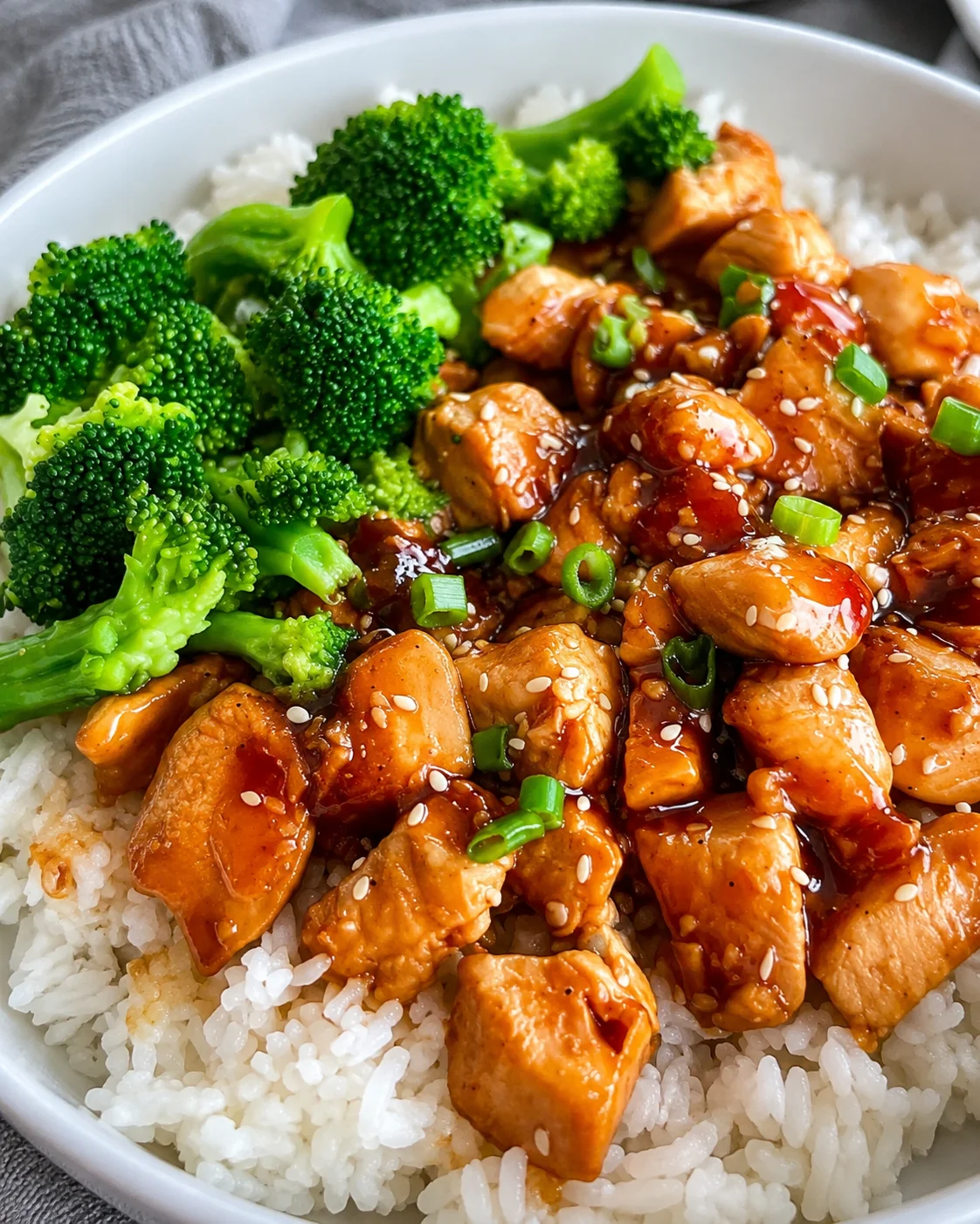 Close top-down view of teriyaki chicken rice bowl with glossy sauce, sesame seeds and broccoli